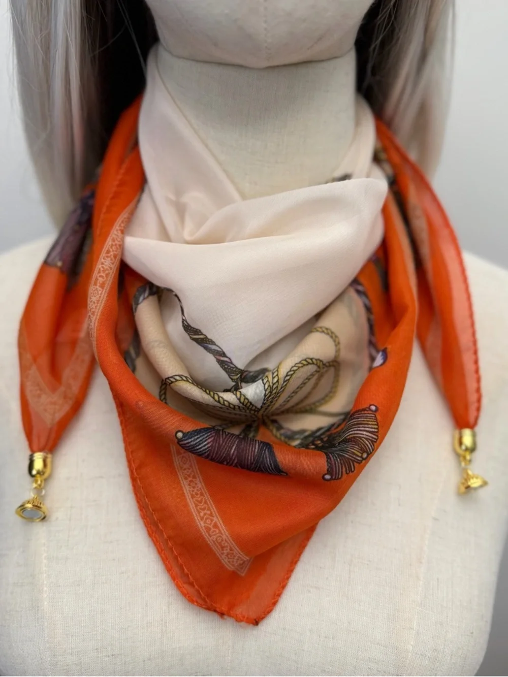 Orange Square Scarf Rope & Tassel Print Magnetic Corners 23” Luxury